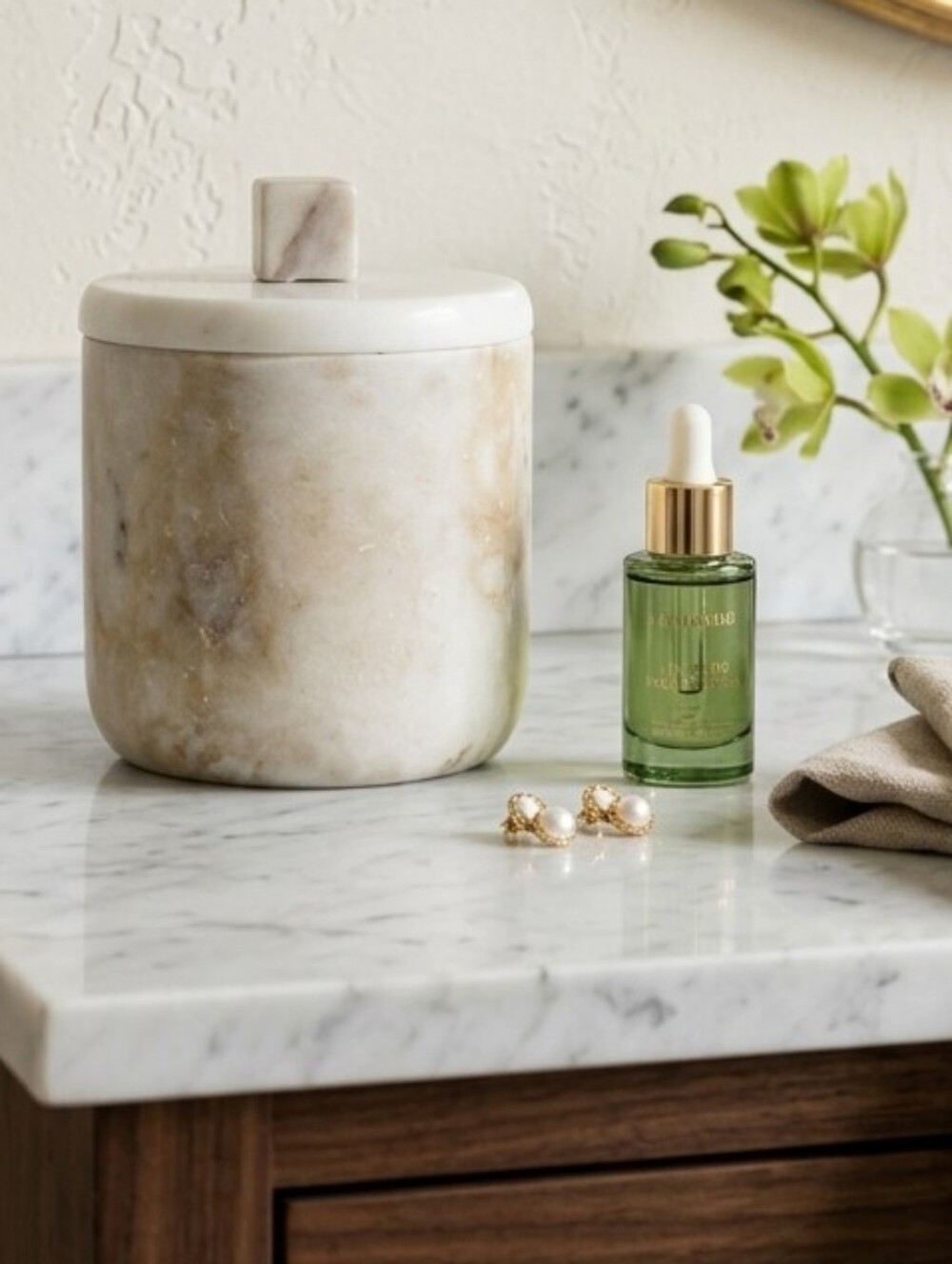 Handcrafted Marble Storage Jar with Lid – Made in India – Natural Stone